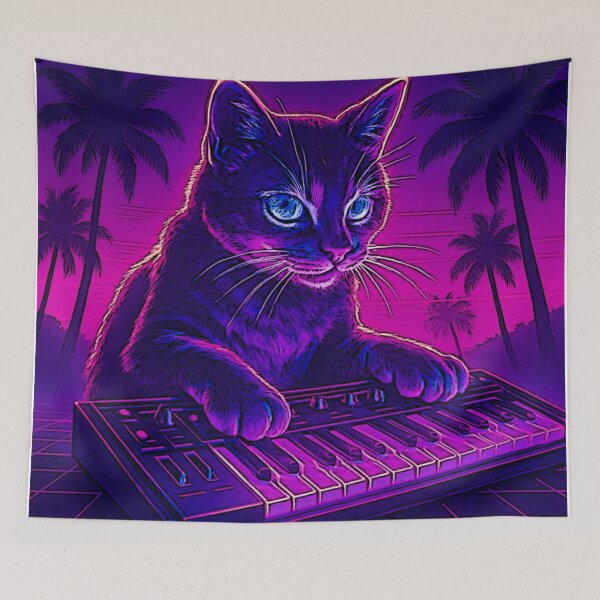 Item preview, Neon Synthwave Cat – Vaporwave 80s Retro Grid Design designed and sold by LuxuryApparels.