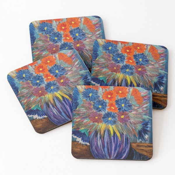 Item preview, Orange and Blue Cosmos Flowers in Vase - Textured Acrylic Painting designed and sold by kkartwork.