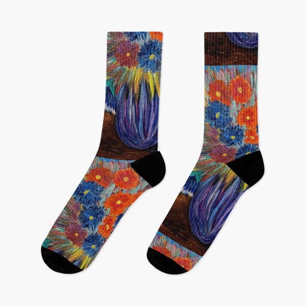 Item preview, Orange and Blue Cosmos Flowers in Vase - Textured Acrylic Painting designed and sold by kkartwork.