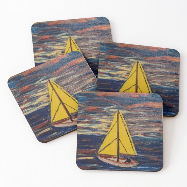 Item preview, Yellow Sailboat at Sunset - Textured Acrylic Seascape Painting designed and sold by kkartwork.