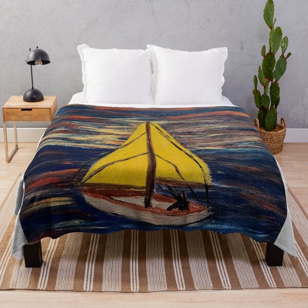 Item preview, Yellow Sailboat at Sunset - Textured Acrylic Seascape Painting designed and sold by kkartwork.