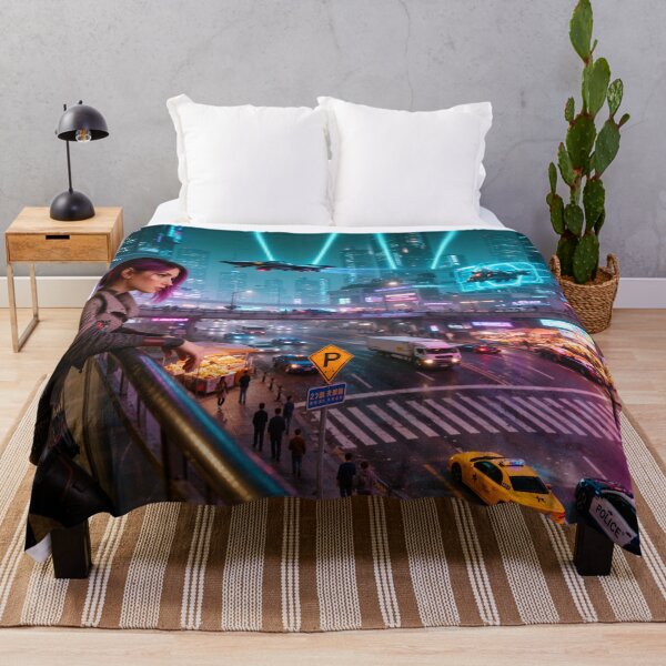 Item preview, Cyberpunk Lady looking down at Night City street scene designed and sold by aykiradesigns.