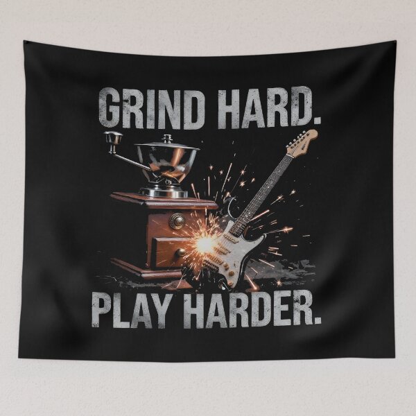 Item preview, coffee and metal music GRIND HARD. PLAY HARDER designed and sold by Uglyandcute.