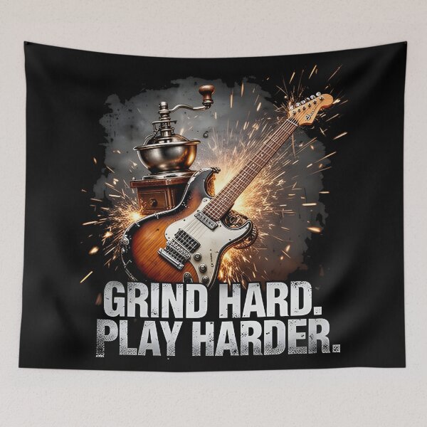 Item preview, coffee and metal music GRIND HARD. PLAY HARDER designed and sold by Uglyandcute.