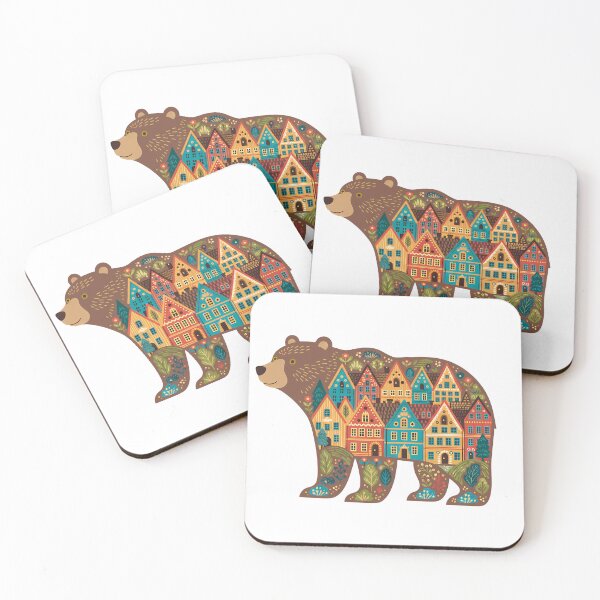 Item preview, Brown Bear Silhouette with Bryggen Townscape – Scandinavian Folk Art by heidiannemorris © designed and sold by FOLK ART FUSION by heidiannemorris.