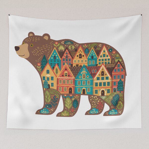 Item preview, Brown Bear Silhouette with Bryggen Townscape – Scandinavian Folk Art by heidiannemorris © designed and sold by FOLK ART FUSION by heidiannemorris.