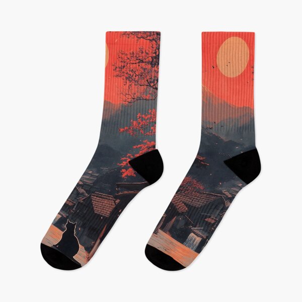 Item preview, Japanese Landscape Black Cat Sunset Village Serenity designed and sold by mildaclairmo.