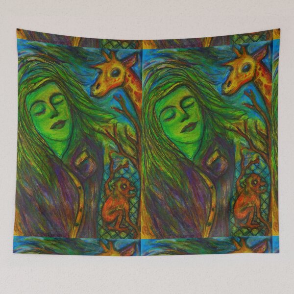 Item preview, Surreal Zoo Dream: Giraffe, Monkey & Green Muse designed and sold by LuxuryApparels.