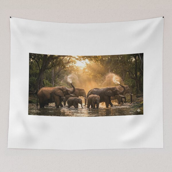 Item preview, Golden Hour Jubilee – Elephant Herd Bathing at Sunset Wildlife Wall Art designed and sold by sugato123.