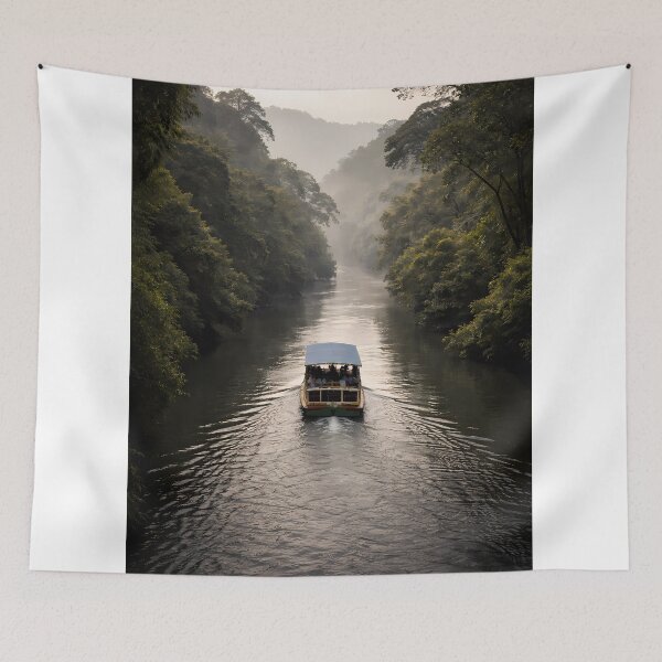 Item preview, Moody Kerala River Landscape Art Print – Passenger Boat Through Tropical Forest | Chaliyar Inspired Wall Decor designed and sold by sugato123.