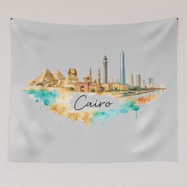 Item preview, Cairo Skyline Watercolor Art – Sphinx & Modern Egypt Cityscape Illustration designed and sold by Basma Store.