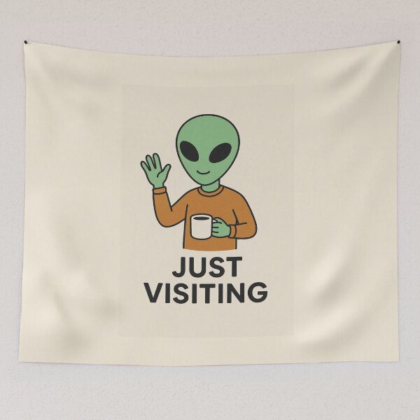 Item preview, Just Visiting-Alien waving and Drinking A Cup Of Coffee. designed and sold by Everyday Aliens.