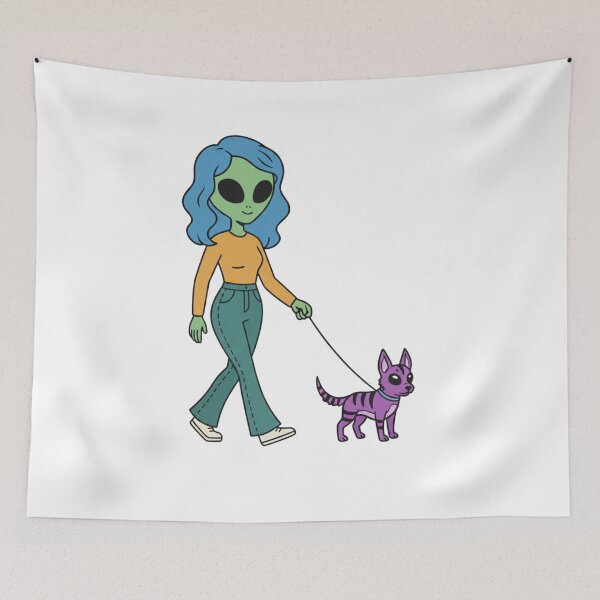 Item preview, Green Alien Woman Walking a Purple Alien Dog designed and sold by Everyday Aliens.