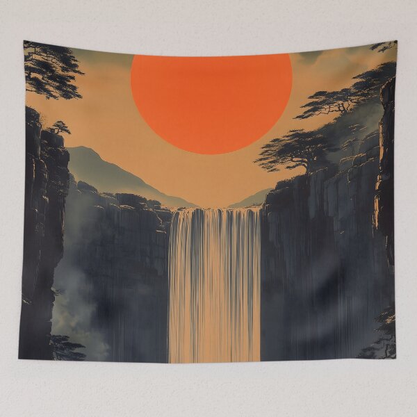 Item preview, Fantasy Waterfall Japanese Landscape Crimson Sun Valley Mystic designed and sold by mildaclairmo.