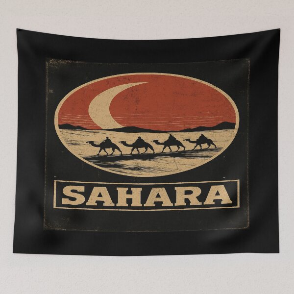 Item preview, Vintage Sahara Desert Travel Art – Camel Caravan Silhouette with Red Sun in Retro Circle Frame designed and sold by Bright Nest Studio.