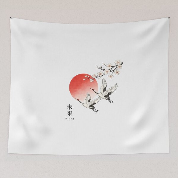 Item preview, Japanese Crane Art With Red Sun and Sakura Mirai designed and sold by Bored Duck.