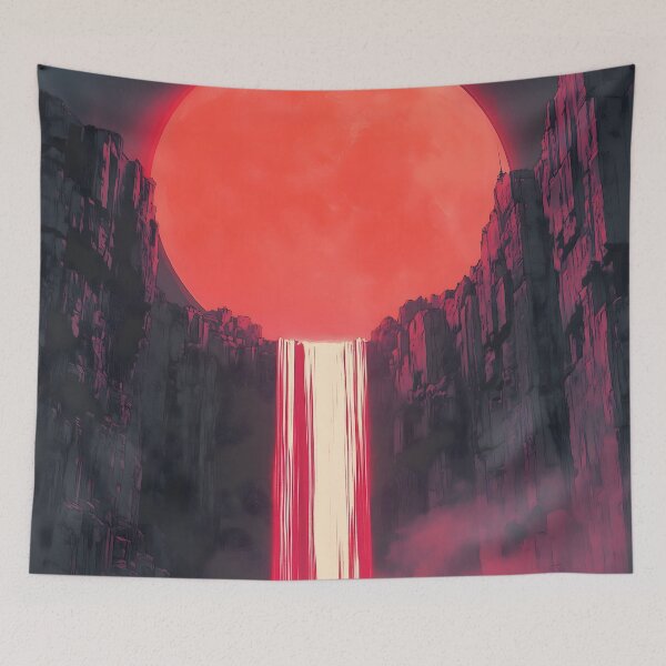 Item preview, Japanese Landscape Fantasy Waterfall Valley Crimson Moon designed and sold by mildaclairmo.