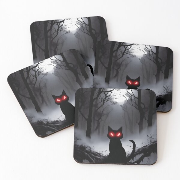 Item preview, Sinister Black Cat with Glowing Red Eyes in Dark Forest designed and sold by Articooler.