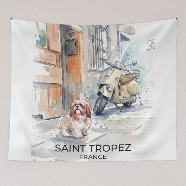 Item preview, Street Moment with Dog and Scooter, with text - watercolor illustration designed and sold by clausbjoern.