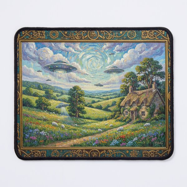 Item preview, Cottagecore Invasion - pastoral scene with UFOs designed and sold by Fruit-Fletcher.