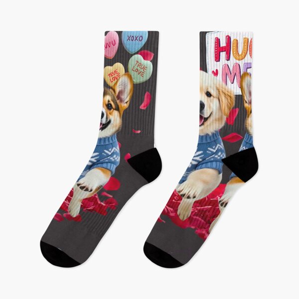 Item preview, Cute Golden Retriever & Corgi Puppy Hug Me Valentine | Blue Snowflake Sweater designed and sold by E-SarnEdge.