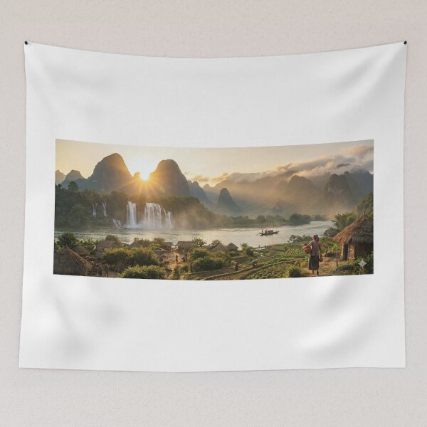 Item preview, Sunrise Village Landscape – Mountains, River and Rural India Wall Art designed and sold by sugato123.