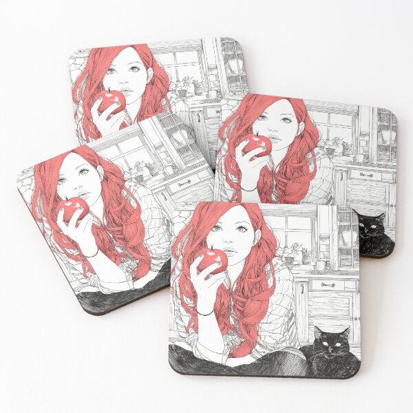 Item preview, Red Haired Girl with Apple and Black Cat in Kitchen - Cozy Autumn Illustration designed and sold by Banal25.