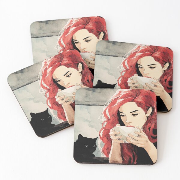 Item preview, Red Haired Woman Drinking Coffee with Black Cat - Cozy Morning Watercolor Illustration designed and sold by Banal25.