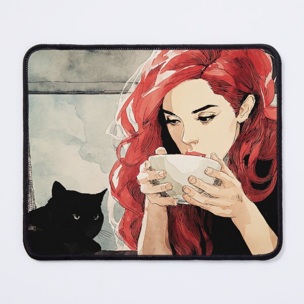 Item preview, Red Haired Woman Drinking Coffee with Black Cat - Cozy Morning Watercolor Illustration designed and sold by Banal25.
