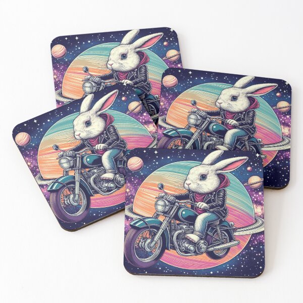 Item preview, Cute White bunny riding old motorcycle at space  designed and sold by Dogandesighn.