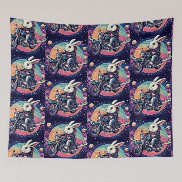 Item preview, Cute White bunny riding old motorcycle at space  designed and sold by Dogandesighn.