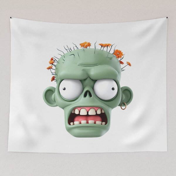 Item preview, Floral Zombie Head 3D Art - Green Undead Monster with Orange Flowers & Big Eyes Print designed and sold by DesignArtist.ia.