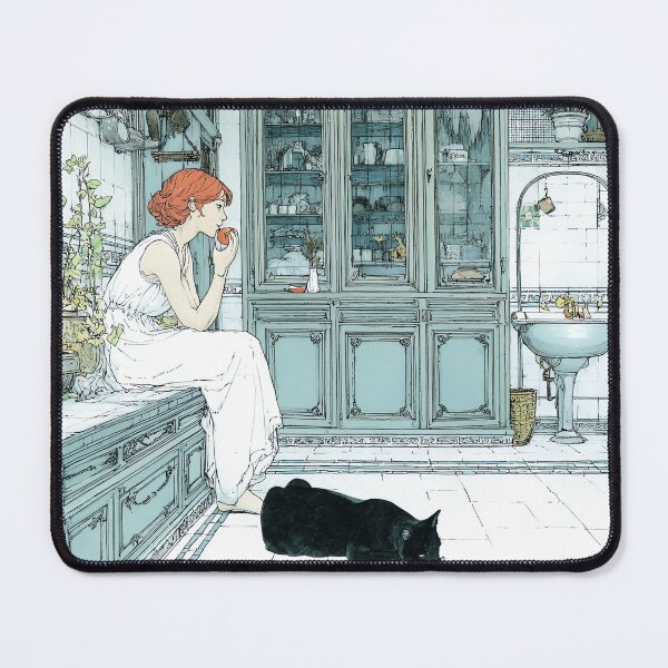 Item preview, Vintage Kitchen Scene with Red Haired Woman and Black Cat designed and sold by Banal25.