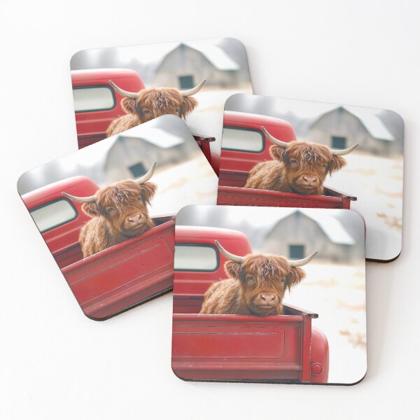 Item preview, Winter Highland Cow In a Red Retro Pickup Truck designed and sold by Maria Dryfhout.