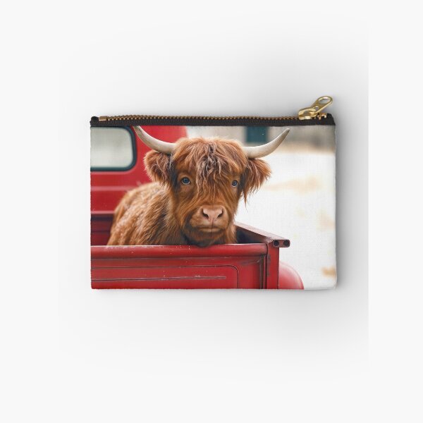 Item preview, Winter Highland Cow In a Red Retro Pickup Truck designed and sold by Maria Dryfhout.
