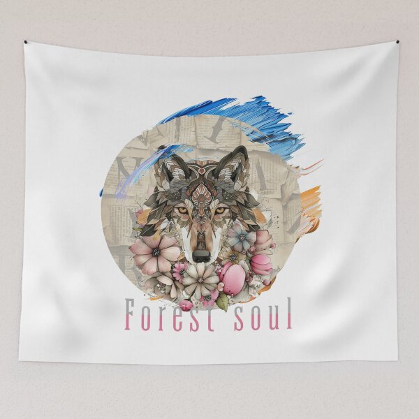 Item preview, Boho Wolf With Pastel Flowers and Paint Strokes designed and sold by Furr-n-Purr.