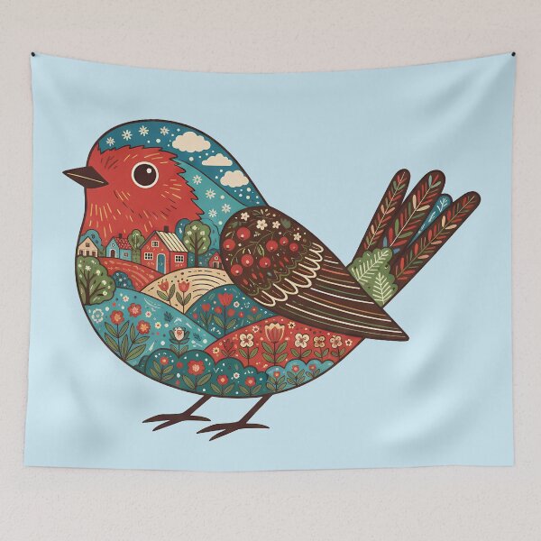 Item preview, Robin Silhouette with Christianshavn Townscape – Scandinavian Folk Art by heidiannemorris © designed and sold by FOLK ART FUSION by heidiannemorris.