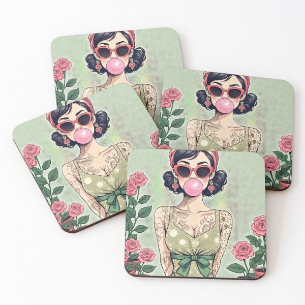 Item preview, Rockabilly Rose: Tattooed Pin-Up Girl with Bubblegum designed and sold by Hen-C-Art.