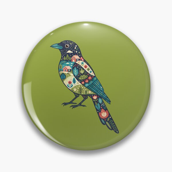 Item preview, Magpie Silhouette with Countryside Scene – Scandinavian Folk Art by heidiannemorris © designed and sold by FOLK ART FUSION by heidiannemorris.