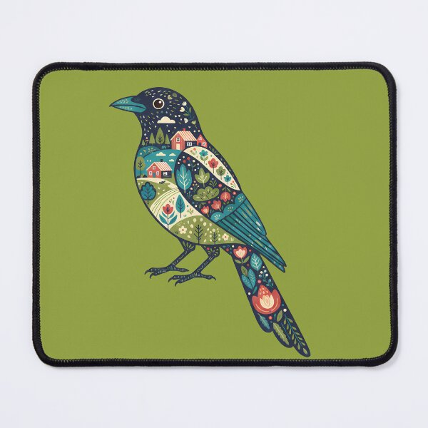 Item preview, Magpie Silhouette with Countryside Scene – Scandinavian Folk Art by heidiannemorris © designed and sold by FOLK ART FUSION by heidiannemorris.