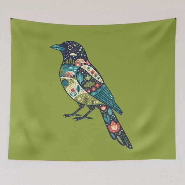 Item preview, Magpie Silhouette with Countryside Scene – Scandinavian Folk Art by heidiannemorris © designed and sold by FOLK ART FUSION by heidiannemorris.