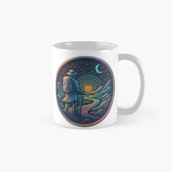 Item preview, Circular illustration of lone hiker under crescent moon and sun glow designed and sold by Creative88Art.
