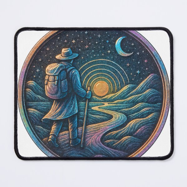 Item preview, Circular illustration of lone hiker under crescent moon and sun glow designed and sold by Creative88Art.