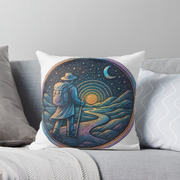 Item preview, Circular illustration of lone hiker under crescent moon and sun glow designed and sold by Creative88Art.