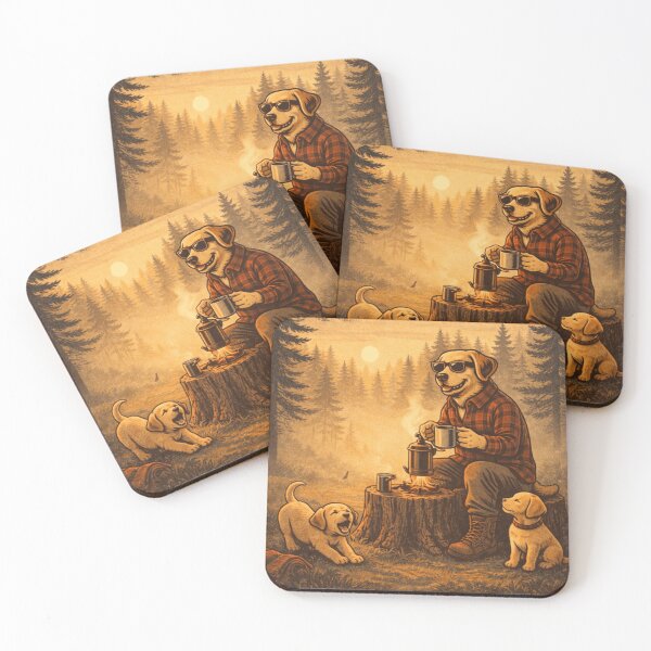 Item preview, Camping Labrador Dad – Retro Campfire Coffee with Puppies designed and sold by PawPrintCustom.