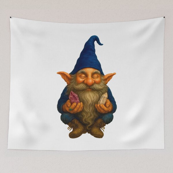 Item preview, Crystal Zen Gnome – Meditating Tomte with Amethyst & Quartz Energy Fantasy Art designed and sold by WilderRoads.