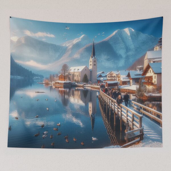 Item preview, Winter wonderland: Snow-covered peaks, crystal-clear lake and majestic church under a radiant sun designed and sold by FotoworldEdel.