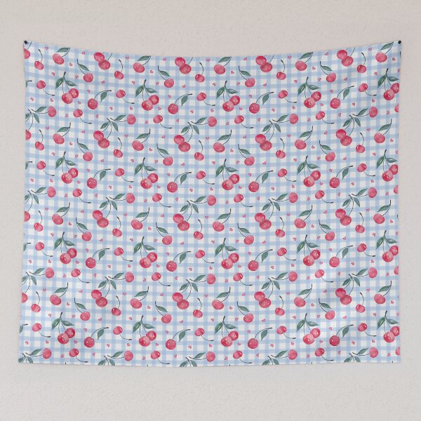 Item preview, Sky Blue Gingham Cherry Heart Pattern designed and sold by THE COLOR ALCHEMY.