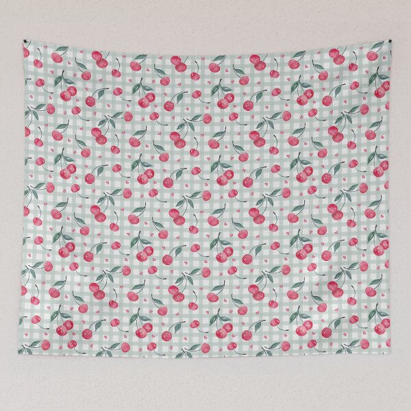 Item preview, Sage Green Gingham Cherry Heart Pattern designed and sold by THE COLOR ALCHEMY.