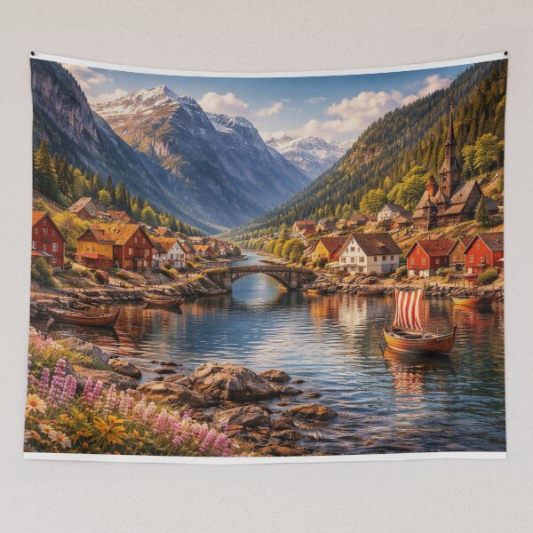Item preview, Nordic Waterways Village Fjord Scene designed and sold by Myra365Art.